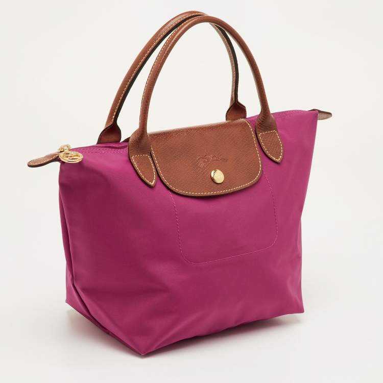Pre Owned Longchamp Le Pliage Small Pink/Brown Nylon and Leather Tote