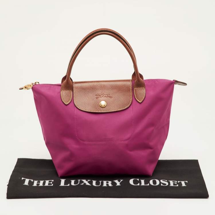 Pre Owned Longchamp Le Pliage Small Pink/Brown Nylon and Leather Tote