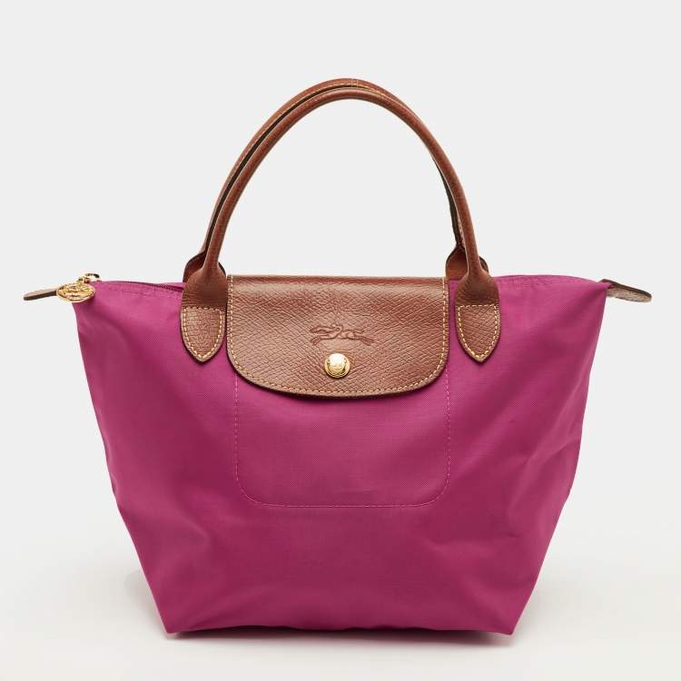Pre Owned Longchamp Le Pliage Small Pink/Brown Nylon and Leather Tote