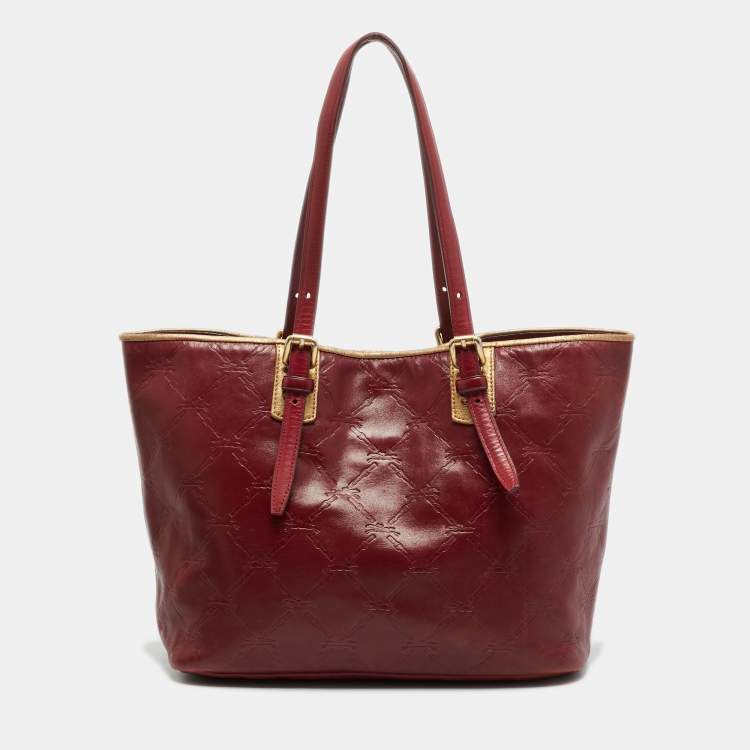مملوكة مسبقًا Longchamp LM Cuir Burgundy/Gold Logo Embossed Leather Tote