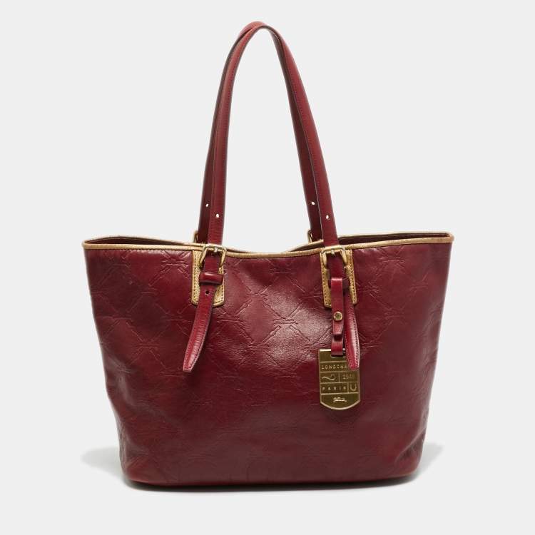 مملوكة مسبقًا Longchamp LM Cuir Burgundy/Gold Logo Embossed Leather Tote
