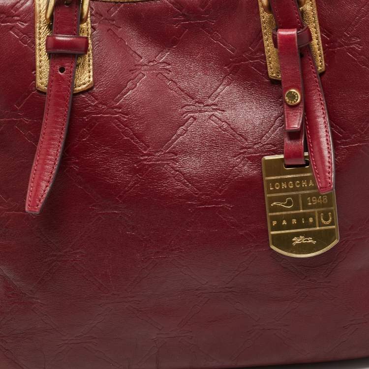 مملوكة مسبقًا Longchamp LM Cuir Burgundy/Gold Logo Embossed Leather Tote