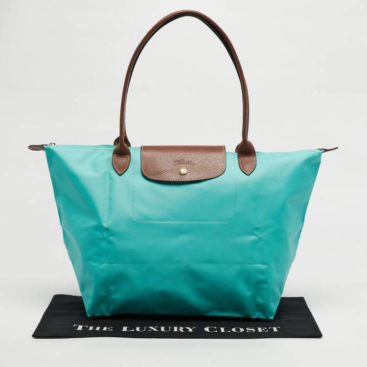 Pre Owned Longchamp Le Pliage Medium Green/Brown Nylon and Leather Tote