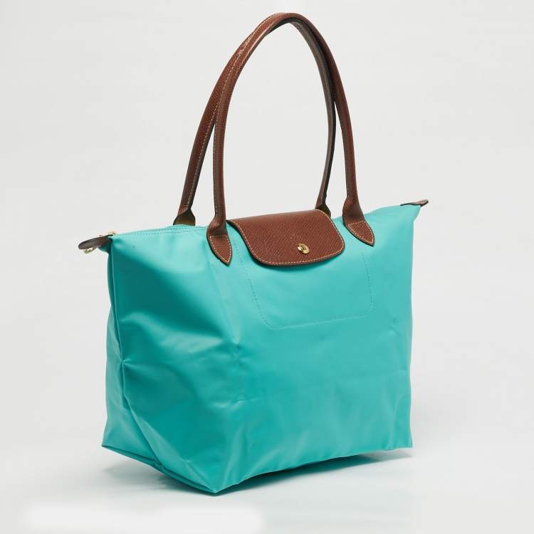 Pre Owned Longchamp Le Pliage Medium Green/Brown Nylon and Leather Tote