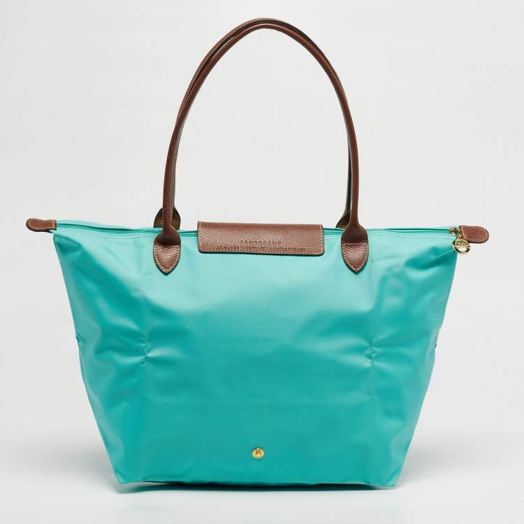 Pre Owned Longchamp Le Pliage Medium Green/Brown Nylon and Leather Tote