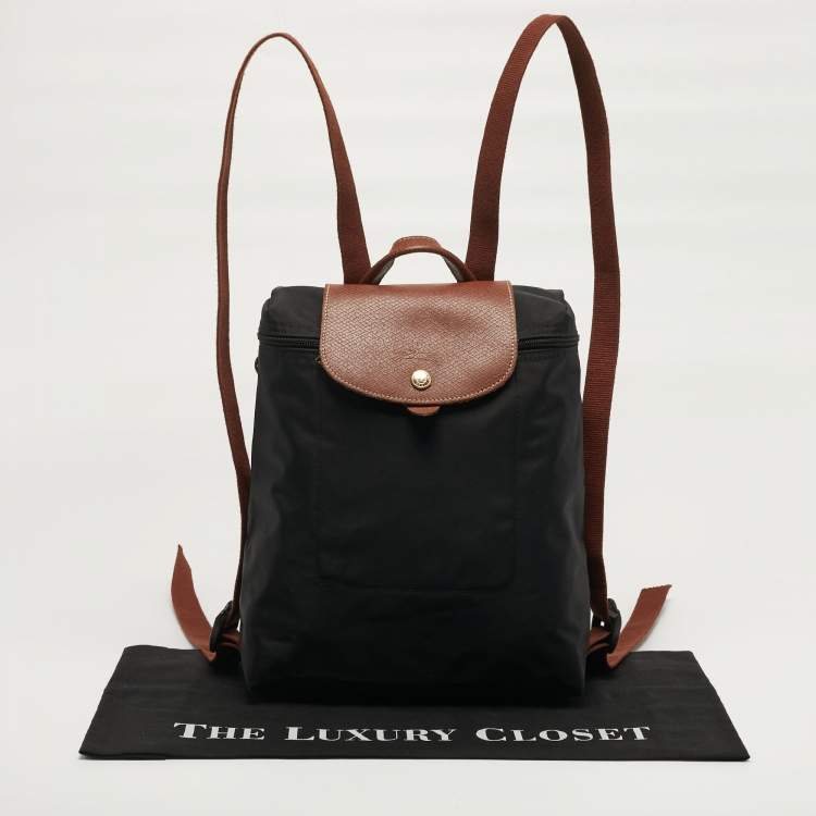 مملوكة مسبقًا Longchamp Le Pliage Black/Brown Nylon and Leather Backpack