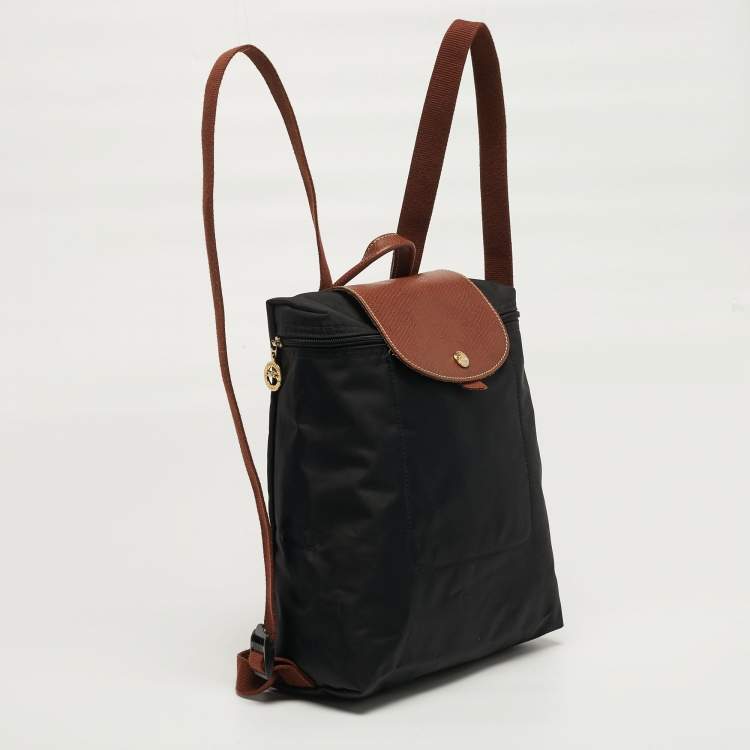 مملوكة مسبقًا Longchamp Le Pliage Black/Brown Nylon and Leather Backpack