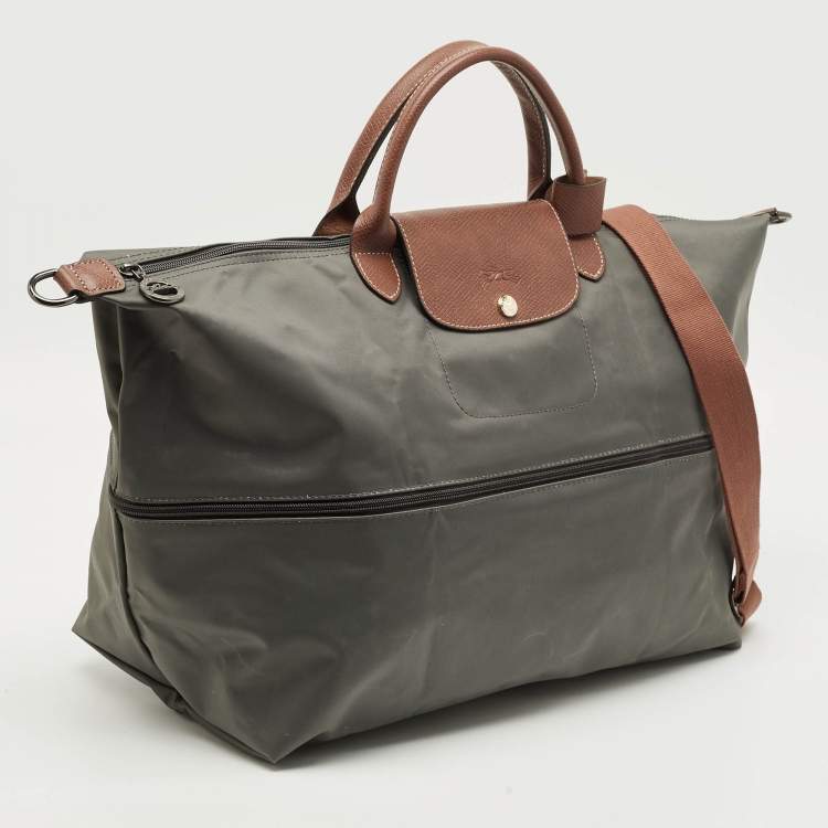 Pre Owned Longchamp Le Pliage Expandable Grey/Brown Nylon and Leather Travel Bag