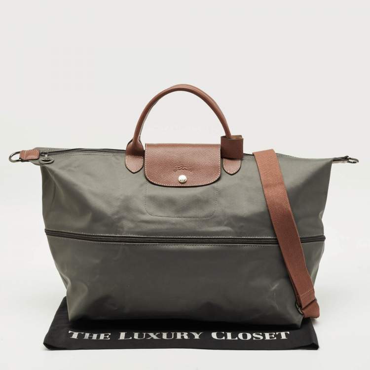 Pre Owned Longchamp Le Pliage Expandable Grey/Brown Nylon and Leather Travel Bag