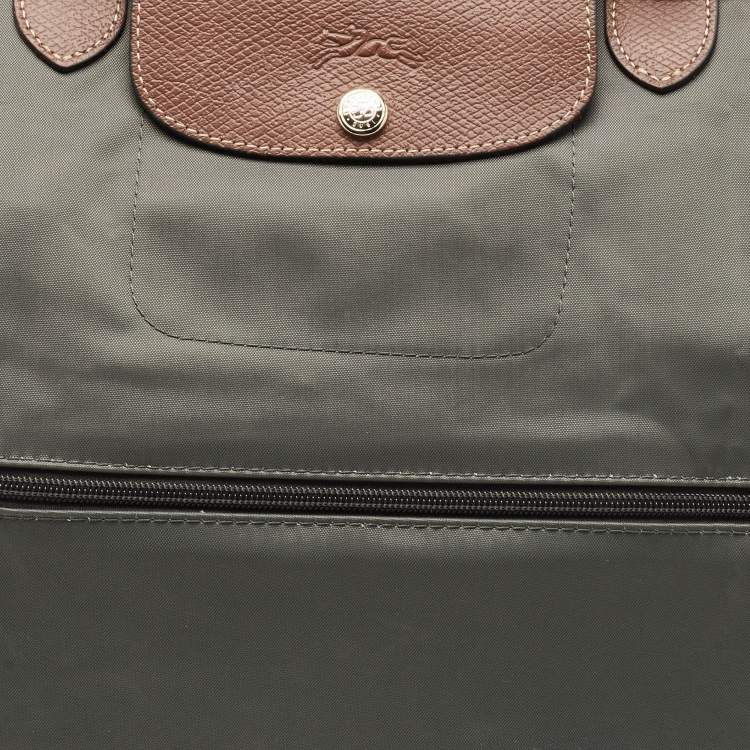 Pre Owned Longchamp Le Pliage Expandable Grey/Brown Nylon and Leather Travel Bag