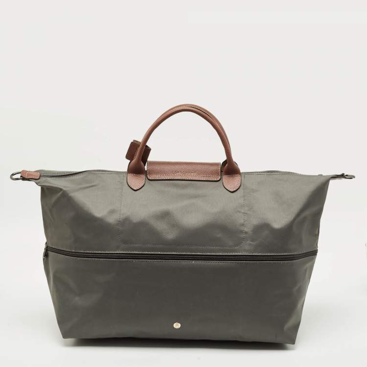 Pre Owned Longchamp Le Pliage Expandable Grey/Brown Nylon and Leather Travel Bag