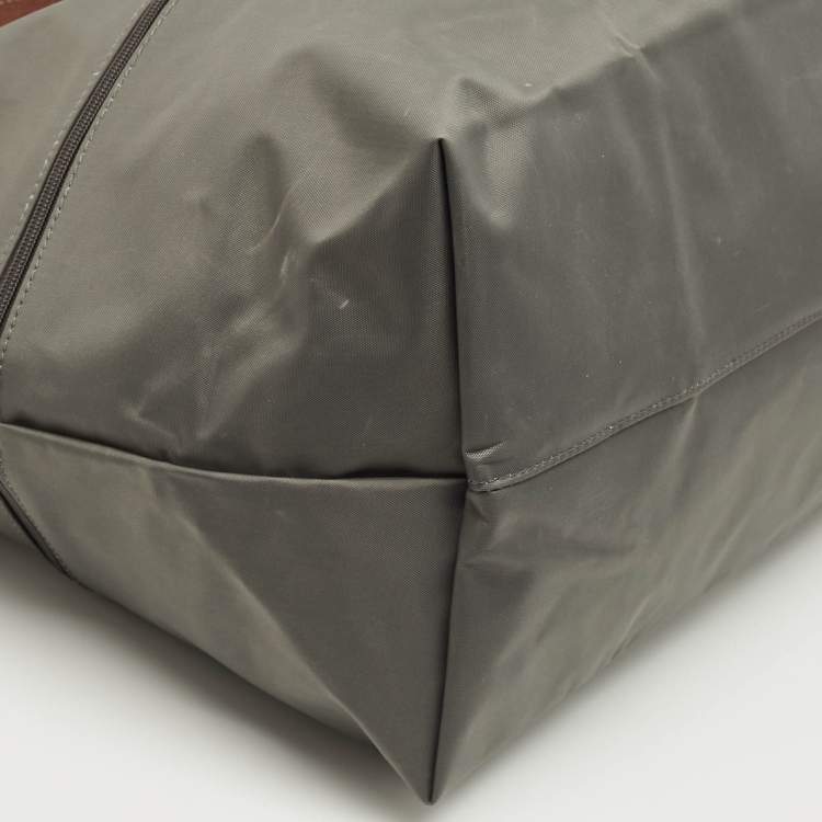 Pre Owned Longchamp Le Pliage Expandable Grey/Brown Nylon and Leather Travel Bag