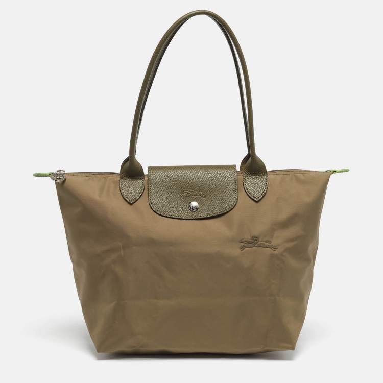 Pre Owned Longchamp Le Pliage Medium Olive Green Nylon Tote