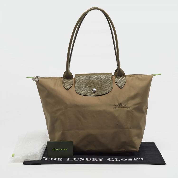 Pre Owned Longchamp Le Pliage Medium Olive Green Nylon Tote