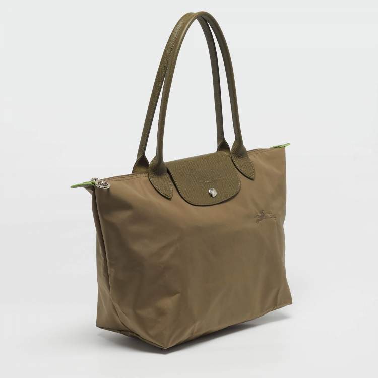 Pre Owned Longchamp Le Pliage Medium Olive Green Nylon Tote