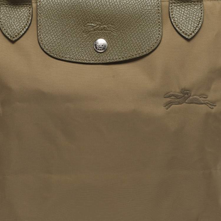 Pre Owned Longchamp Le Pliage Medium Olive Green Nylon Tote