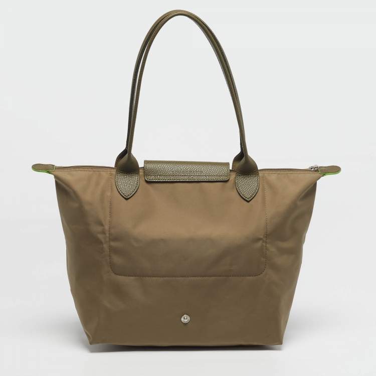 Pre Owned Longchamp Le Pliage Medium Olive Green Nylon Tote