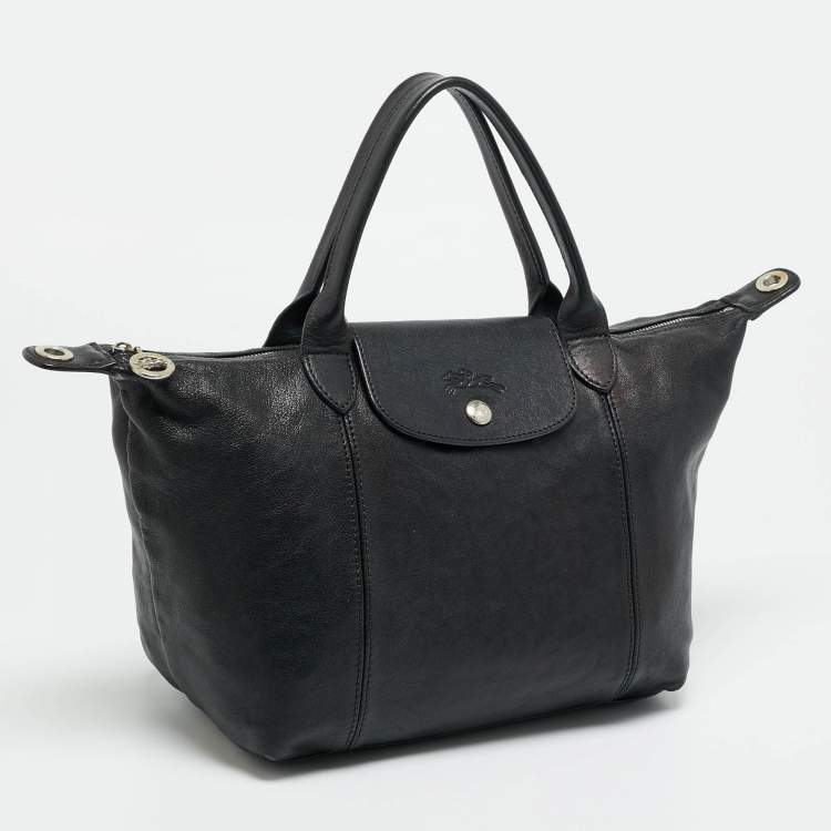 Pre Owned Longchamp Le Pliage Black Leather Tote