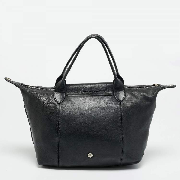 Pre Owned Longchamp Le Pliage Black Leather Tote