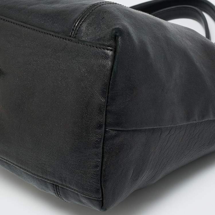 Pre Owned Longchamp Le Pliage Black Leather Tote