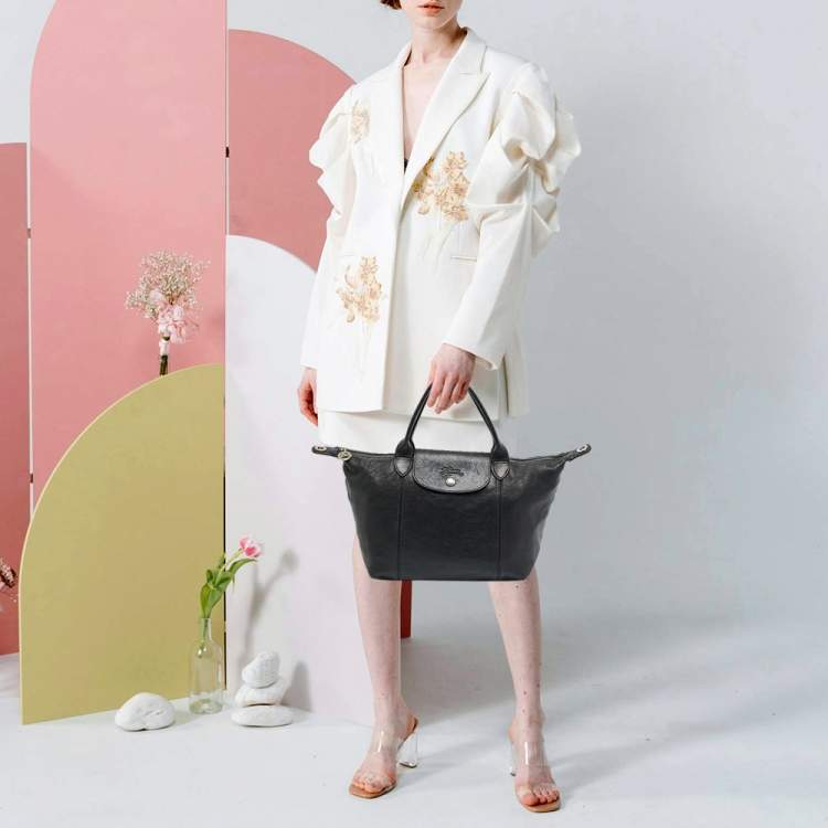 Pre Owned Longchamp Le Pliage Black Leather Tote