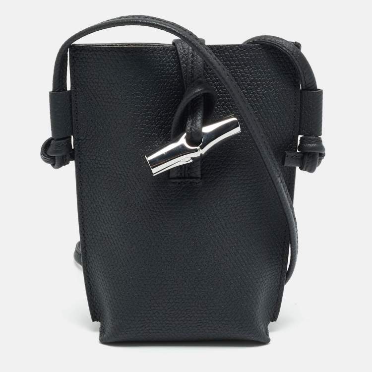 Pre Owned Longchamp Le Roseau Black Leather Phone Crossbody Bag