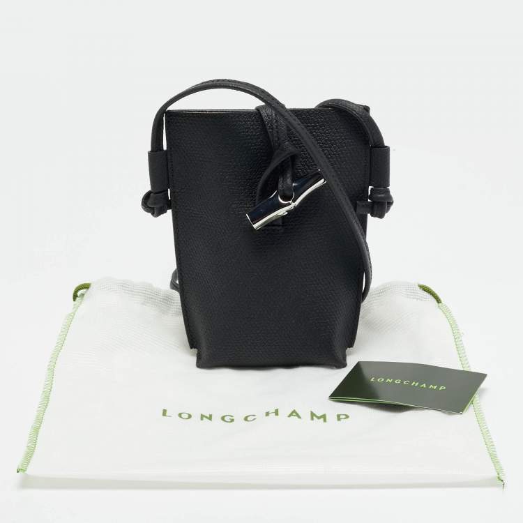 Pre Owned Longchamp Le Roseau Black Leather Phone Crossbody Bag