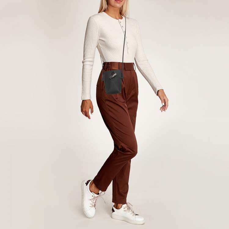 Pre Owned Longchamp Le Roseau Black Leather Phone Crossbody Bag