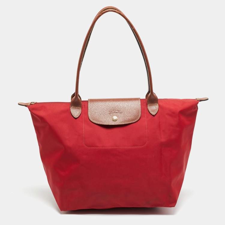 Pre Owned Longchamp Le Pliage Medium Red Nylon Tote