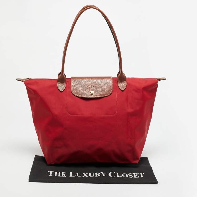 Pre Owned Longchamp Le Pliage Medium Red Nylon Tote