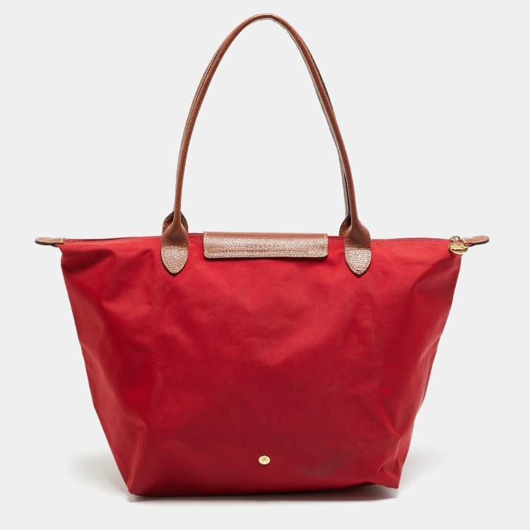 Pre Owned Longchamp Le Pliage Medium Red Nylon Tote