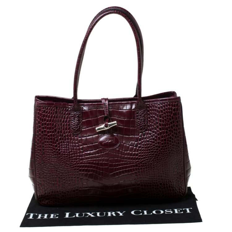 Pre Owned Longchamp Burgundy Crocodile Embossed Leather Roseau Tote 