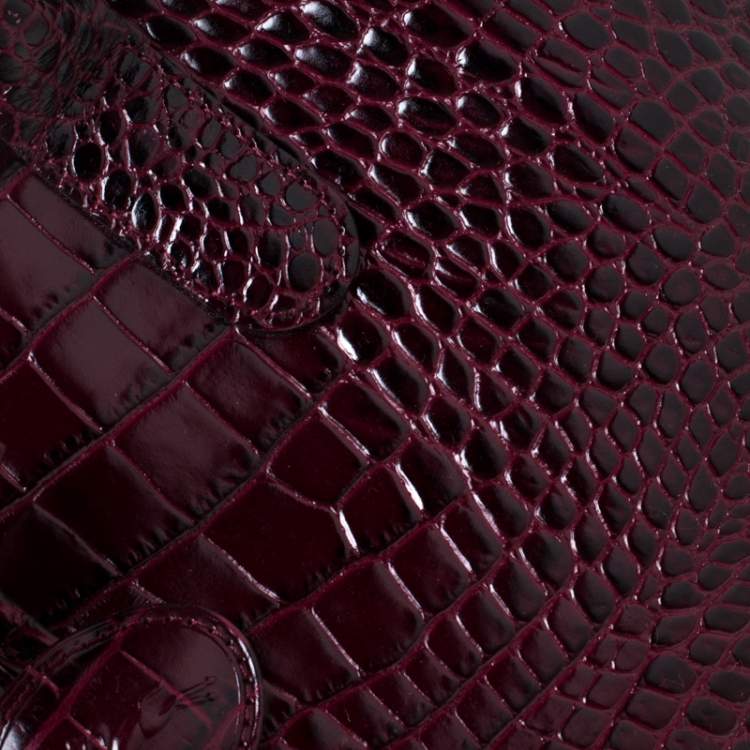 Pre Owned Longchamp Burgundy Crocodile Embossed Leather Roseau Tote 