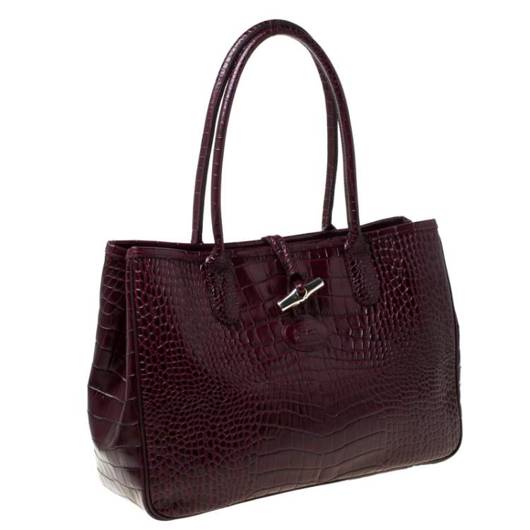 Pre Owned Longchamp Burgundy Crocodile Embossed Leather Roseau Tote 