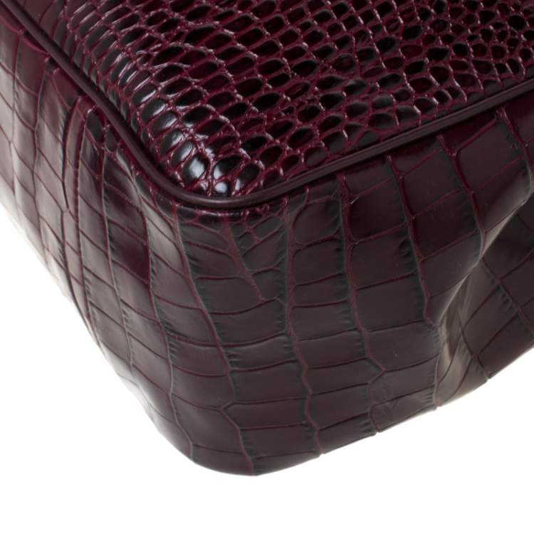 Pre Owned Longchamp Burgundy Crocodile Embossed Leather Roseau Tote 