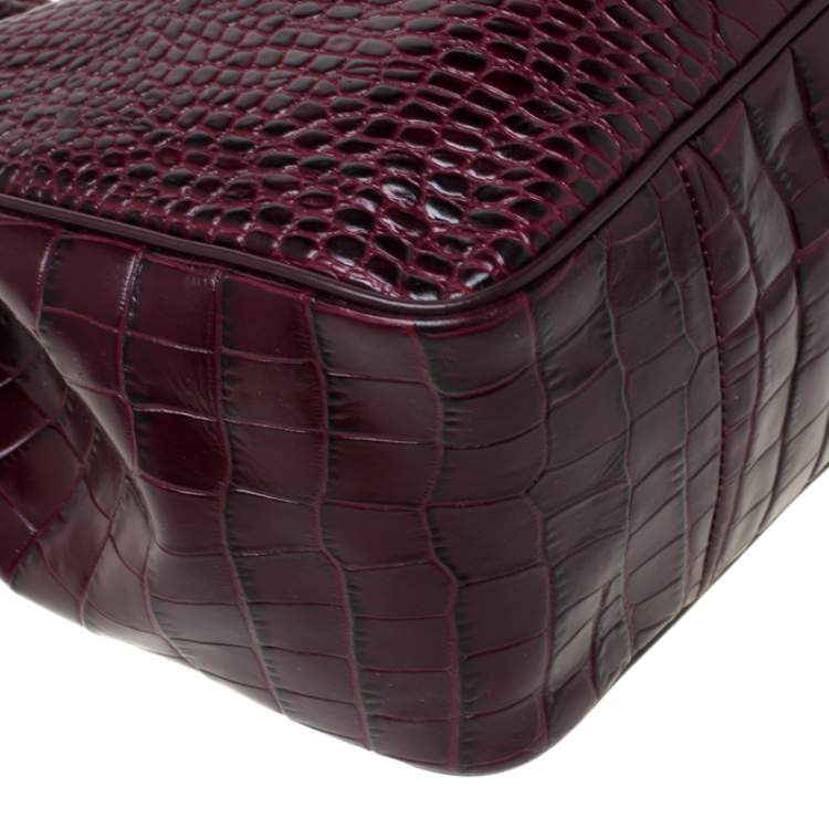Pre Owned Longchamp Burgundy Crocodile Embossed Leather Roseau Tote 