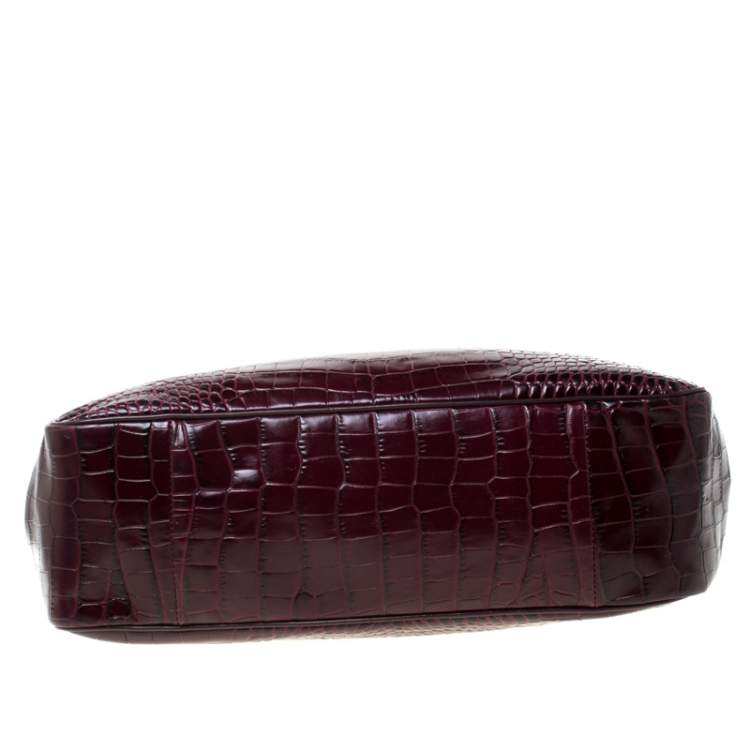 Pre Owned Longchamp Burgundy Crocodile Embossed Leather Roseau Tote 