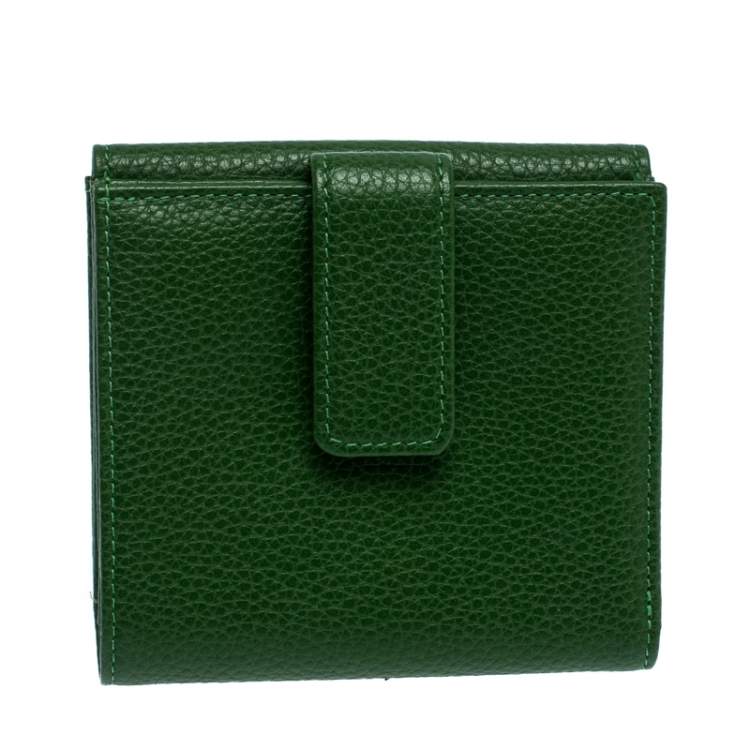 Pre Owned Longchamp Green Leather Flap Compact Wallet