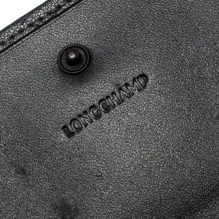 Pre Owned Longchamp Metallic Grey Leather Flap Button Compact Wallet