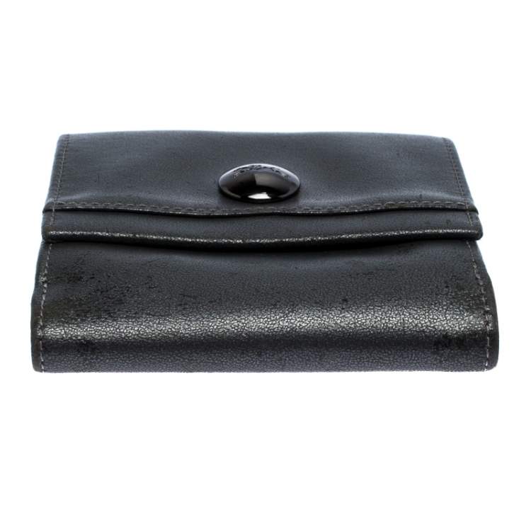 Pre Owned Longchamp Metallic Grey Leather Flap Button Compact Wallet