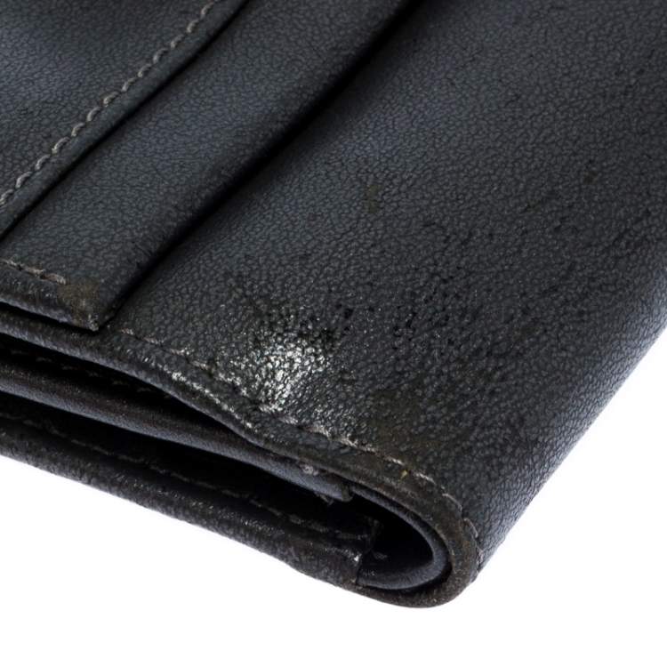 Pre Owned Longchamp Metallic Grey Leather Flap Button Compact Wallet