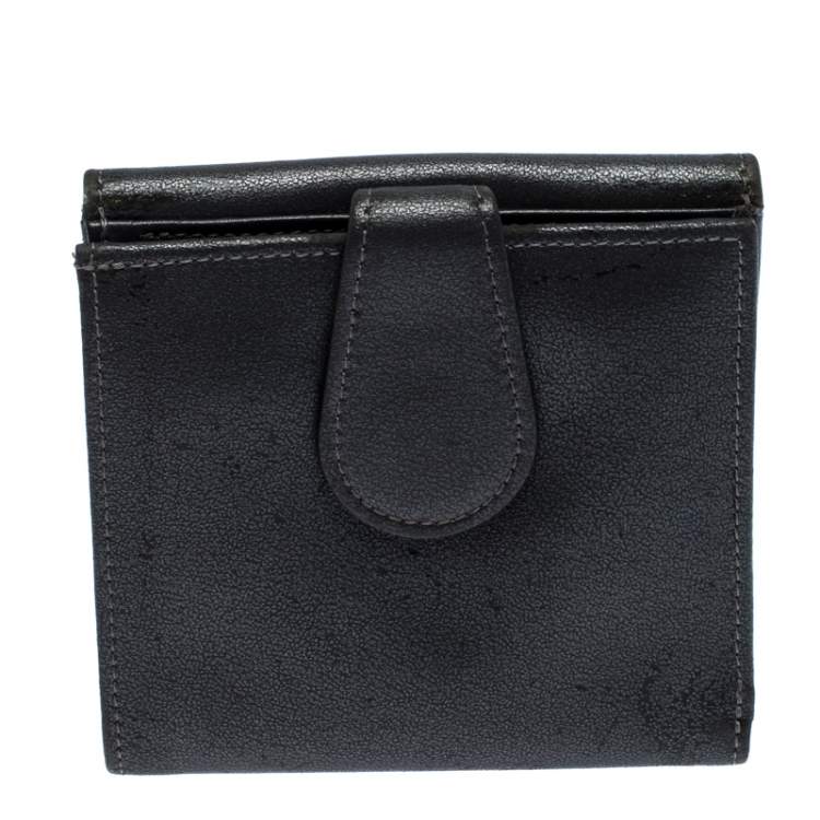 Pre Owned Longchamp Metallic Grey Leather Flap Button Compact Wallet