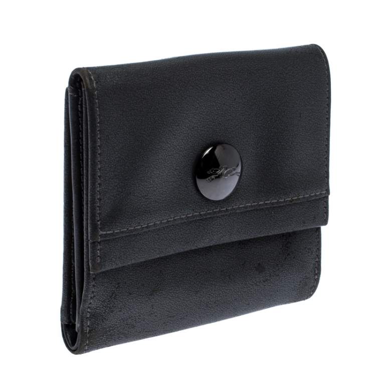 Pre Owned Longchamp Metallic Grey Leather Flap Button Compact Wallet