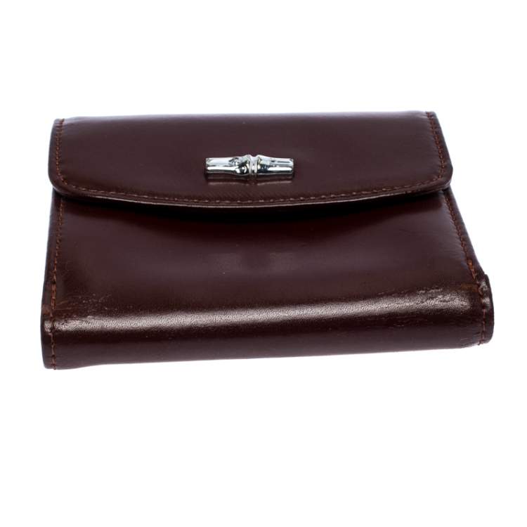 Pre Owned Longchamp Maroon Leather Roseau Compact Wallet