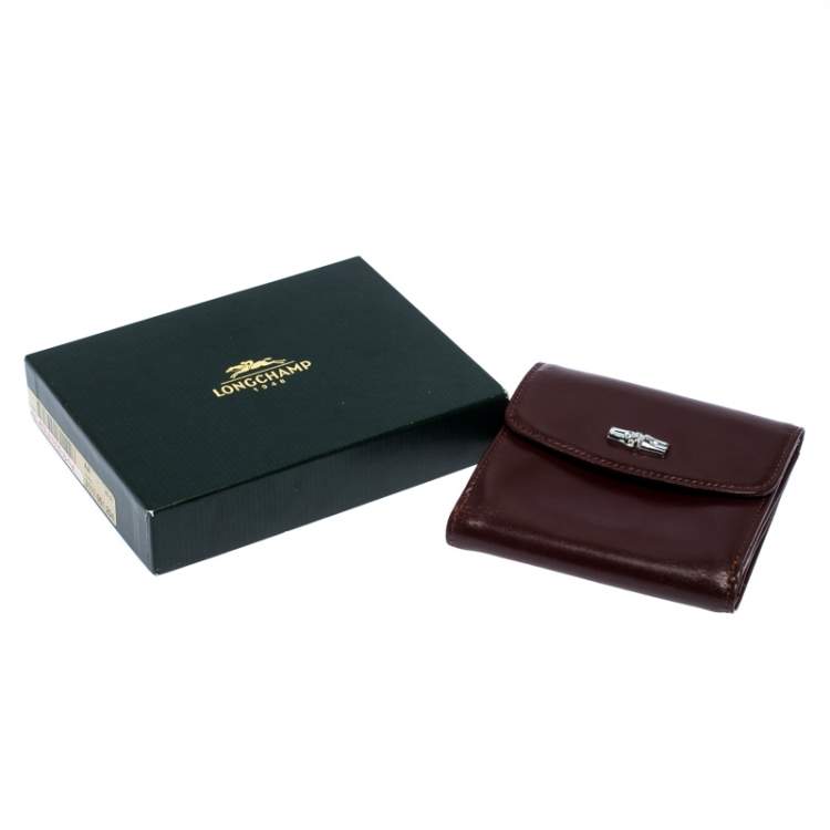Pre Owned Longchamp Maroon Leather Roseau Compact Wallet
