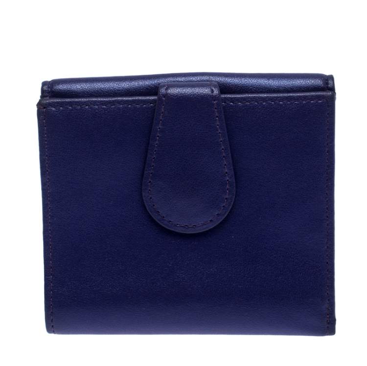 Pre Owned Longchamp Purple Leather Flap Button Compact Wallet
