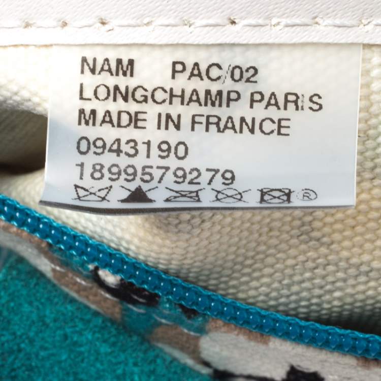 Pre Owned Longchamp Turquoise Phanter Coral Print Canvas and Leather Medium Le Pliage Tote