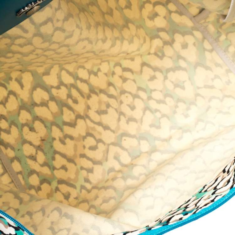 Pre Owned Longchamp Turquoise Phanter Coral Print Canvas and Leather Medium Le Pliage Tote