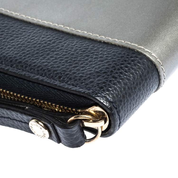 Pre Owned Longchamp Blue/Grey  Striped Leather Le Foulonne City Zip Around  Wallet