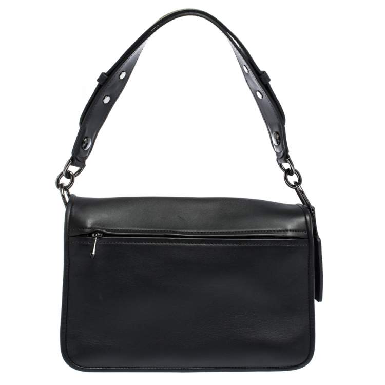 Pre Owned Longchamp Black/Khaki Leather and Suede Le Pliage Heritage Top Handle Bag